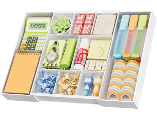 Marbrasse Expandable Desk Drawer Organizer, Clear Plastic Drawer Organizer Tray with 10 Adjustable Compartments, Desk Organizers and Accessories, 5 Drawer Dividers for Office Supplies, Makeup(White) - color: White