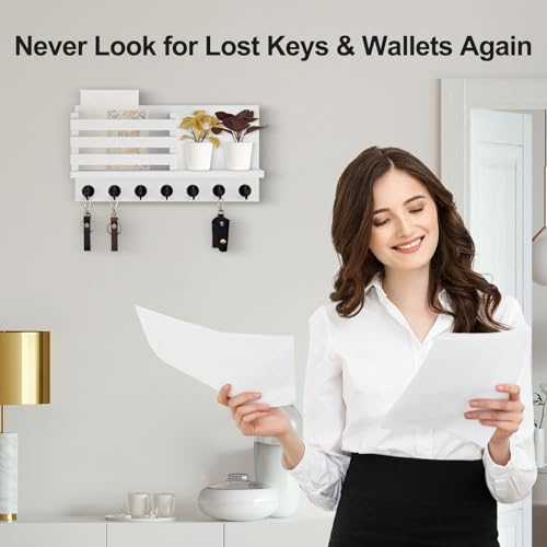 Lwenki Key Holder for Wall – Decorative Wooden Mail Holder and Key Shelf with Mounting Hardware, Installation Guide – Paulownia Wood with Metal Key Hooks (White, Extra Large - 15.6inch) - color: White, size: Extra Large - 15.6inch