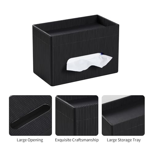 Tissue Box Cover Rectangle with Storage Tray, PU Leather Tissue Holder for Bathroom Vanity Countertop Night Stands Bedroom Office Desk, Stylish Rectangular Tissue Box Holder (Black) - color: Black