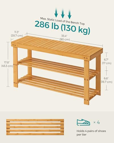 SONGMICS Shoe Rack Bench, 3-Tier Bamboo Shoe Storage Organizer, Entryway Bench, Holds Up to 286 lb, 11.3 x 35.4 x 17.8 Inches, for Entryway Bathroom Bedroom, Natural ULBS90N - color: Natural, size: 35.4"W