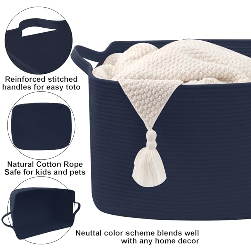 Large Blanket Basket,Woven Rope Basket Storage Bin with Handles,65L Rectangle Laundry Basket for Magazines,Toys,Clothes,Newspaper Shelf Organization,Nursery and Living Room,Navy - color: Navy, size: 21"x16"x12"(65L)