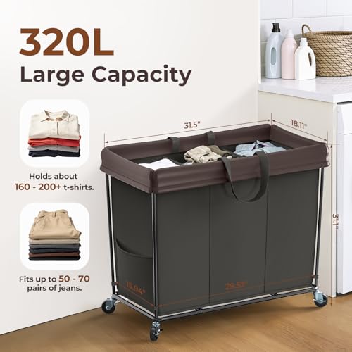 Mefirt 320L Laundry Hamper with Wheels, 3 Section Large Rolling Laundry Basket Bag with Wheels, Clothes Hamper Cart for Laundry, Bedroom, Bathroom and Dorm - color: black-3 section, size: 320L