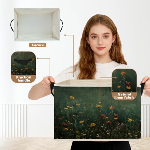 Dark Green Wildflower Storage Box Bins, Dark Cottagecore Floral Botanical Collapsible Storage Basket Organizer for Bedroom Laundry Room Home Clothes Toys Books, Toybox for Girls - color: Floral C