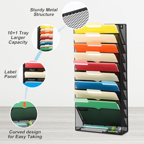 EASEPRES Desk File Organizer Mesh 11-Tier, Hanging Wall Mount Document Organization Stand, Desktop Vertical Mail Paper Folder Holder Rack with Bottom Tray for Office Home Cubicle Countertop, Black - color: Black, size: 10 Tier Upgrade
