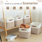 FinishingBo Cube Storage Baskets 6 Pack, 11x11 inch Cube Storage Bins with Leather Handles for Shelf Closet (White/ Khaki) - color: White/ Khaki
