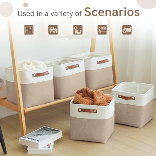 FinishingBo Cube Storage Baskets 6 Pack, 11x11 inch Cube Storage Bins with Leather Handles for Shelf Closet (White/ Khaki) - color: White/ Khaki