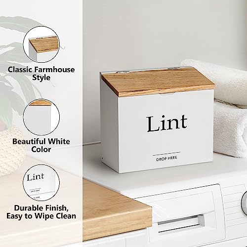 Magnetic Lint Bin for Laundry Room - Compact Size, Wooden Dryer Lint Bin with Lid - Rustic Lint Box, Magnetic Bin - Modern Farmhouse Laundry Room Decor, White with Torched Lid - color: White with Torched Lid