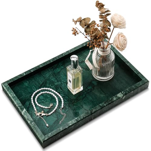 Real Natural Marble Tray for Bathroom, Vanity, Kitchen and Desktop, Rectangle Genuine Marble Stone Tray for Jewelry, Cosmetics, Candles, Lotion, Perfume and Home Decor - color: Green, size: 12" x 8" x 1.2"
