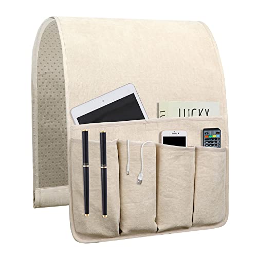 NB Sofa Armrest Organize Remote Holder Bedside Caddy Organizer with 5 Pockets，Non-Slip Couch Remote Control Holder Couch Armchair Caddy Accessories (Beige, 35"X12.4") - color: Beige, size: 35"x12.4"