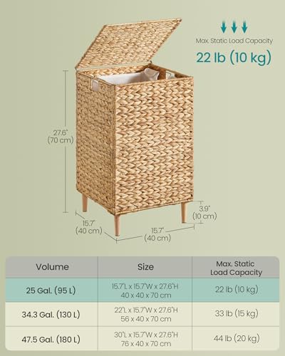 SONGMICS Laundry Hamper, 25 Gal. (95 L) Handwoven Water Hyacinth Wicker Laundry Basket with Lid, Natural Material, Removable Machine Washable Liner, Handles, Natural ULCB201Y01 - color: Natural, size: 95 L (Handwoven )