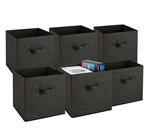 Handy Laundry Foldable Cube Storage Bins - 6 Pack - Decorative Fabric Storage Cubes are Collapsible & Great Organizer for Shelf, Closet or Underbed. Convenient for Clothes or Kids Toy Storage (Black) - color: Black