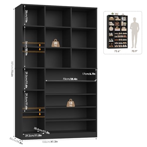 Keyluv 74" Tall Shoe Cabinet for Entryway, Modern 6-Tier Large Shoe Storage Organizer for 27-32 Pairs, Multi-Functional Wood Display Shelf & Bookshelf for Closet, Hallway & Living Room, Black - color: Black
