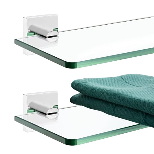 KOKOSIRI Floating Glass Shelf Bathroom Shelves Wall Mount 16-Inch Hanging Rack for Kitchen Shower Storage, 2 Pack Polished Stainless Steel B1107CH-L16-P2 - color: Polished Chrome, size: 16-Inch(2 Pack)