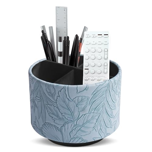 Hennaja Round Leather Art Supply Organizer,Remote Control Holder,360 Degree Spinning,Multi-Functional Pencil Holder,4 Compartments Desktop Stationary Organizer(1-Carved Light Blue) - color: 1-Carved Light Blue