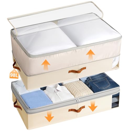 Under Bed Storage Bins - 98L Height-adjustable Under Bed Storage Containers, Compression Blanket Storage Comforter Storage Sweater Storage, Clothes Storage Bins With Clear Window, 2 Pack Beige - color: Beige, size: 2 Pack