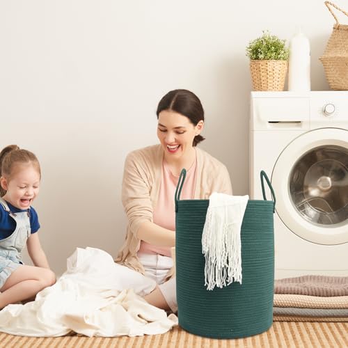 Woven Cotton Rope Laundry basket-15”X20” Laundry Hamper-Rope Storage Basket for Dirty Clothes, Toys and Blankets Perfect for Bathroom, Baby nursery and Living Room Storage (dark green) - color: dark green, size: regular