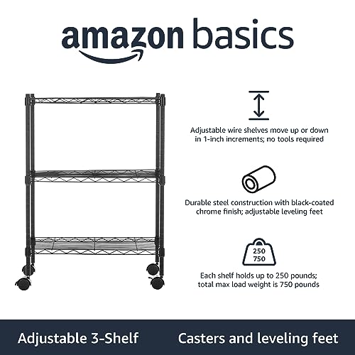 Amazon Basics 3-Shelf Adjustable Heavy Duty Storage Shelving Unit on 2" Wheels, Metal Wire Rack for Garage, Utility Shelving with Leveling Feet, 23.2"L x 13.4"W x 32.75"H, Black - color: Black