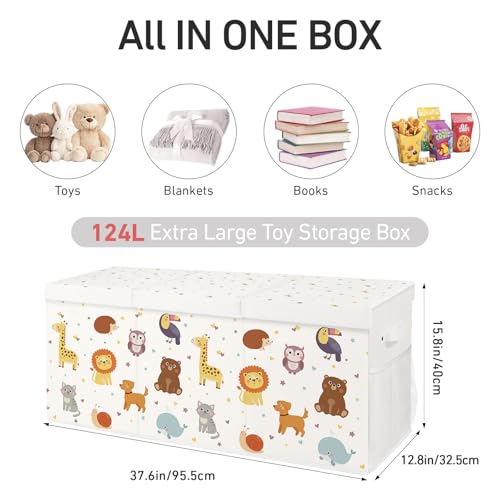 Extra Large Collapsible Toy Box with Lids, Sturdy Storage Organizer for Kids, 38"x16"x13" Toy Chest for Playroom, Nursery, Bedroom, Living Room (Chubby Animals)