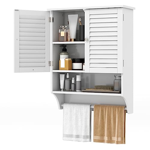 Tangkula Wall Mounted Bathroom Cabinet with Open Shelf & Bar, Medicine Cabinet with Double Louvered Doors, Wall Storage Cabinet with Adjustable Shelf, for Bathroom Living Room Kitchen (White) - color: White
