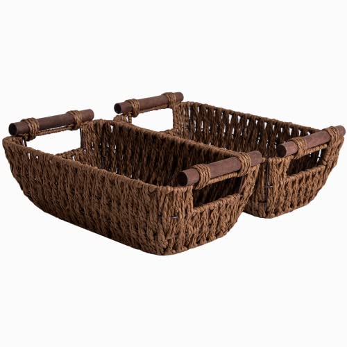 StorageWorks Handwoven Small Wicker Baskets, Round Paper Rope Storage Baskets with Wooden Handles, Dark Brown, 2-Pack - color: Dark Brown, size: Small
