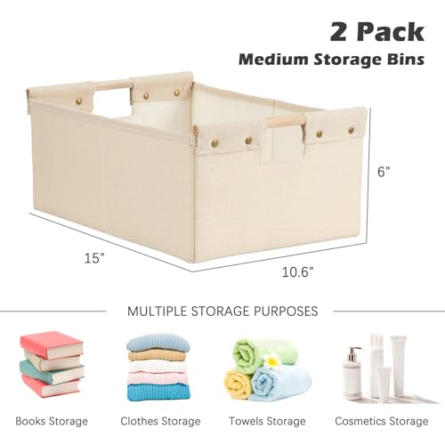 2PCS Storage Bins Cotton Linen Fabric Storage Boxes Basket with Wooden Handles Foldable Washable Decorative Shelf Container Clothes Organizer Home Laundry - Medium Size, Beige - color: Beige, size: Medium (Pack of 2)