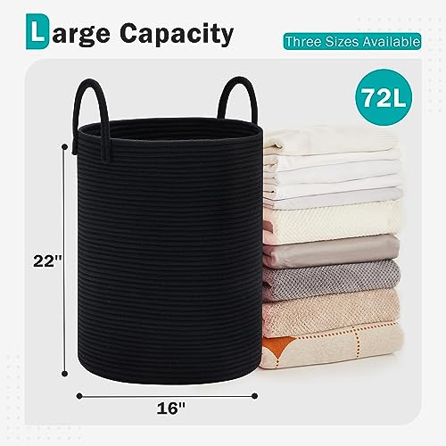 Cotton Rope Laundry Hamper by YOUDENOVA, 72L - Woven Collapsible Laundry Basket - Clothes Storage Basket for Blankets, Laundry Room Organizing, Bedroom Storage, Clothes Hamper – Black - color: Black, size: 72L