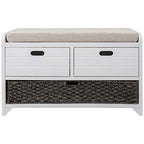 Solid Acacia Wood Entryway Bench - Fully Assembled Storage Bench with 2 Drawers, Rattan Basket & Cushion, No Assembly Required (White) - color: White