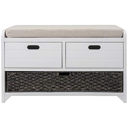 Solid Acacia Wood Entryway Bench - Fully Assembled Storage Bench with 2 Drawers, Rattan Basket & Cushion, No Assembly Required (White) - color: White