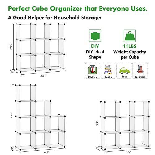 C&AHOME Cube Storage, 9-Cube Plastic Closet Cabinet Organizer, DIY Stackable Bookshelf, Modular shelving Units Ideal for Home, Office, Kids Room, 36.6"L x 12.4" W x 48.4" H Translucent White SBTM3009A - color: Transparent White