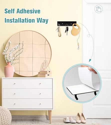 RELBRO Key Holder Wall Mount, Small Metal Self Adhesive Key Rack with 3 Hooks, 2 Installation Options, Black - color: Black