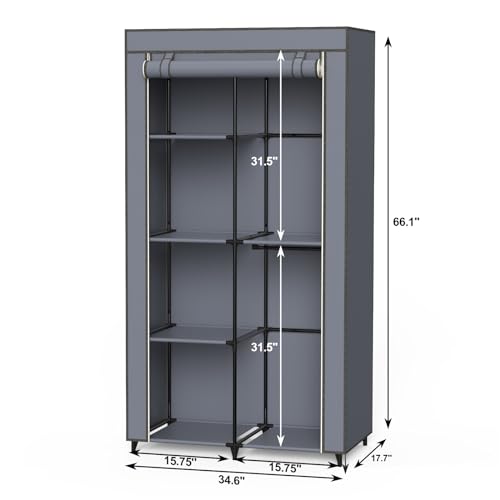 Portable Closet, Wardrobe Closet with 6 Storage Shelves and 2 Hanging Rods, Non-Woven Fabric Cover, 34.6 x 17.7 x 66.1 Inches Closet Organizer for Bedroom, Gray - size: Medium