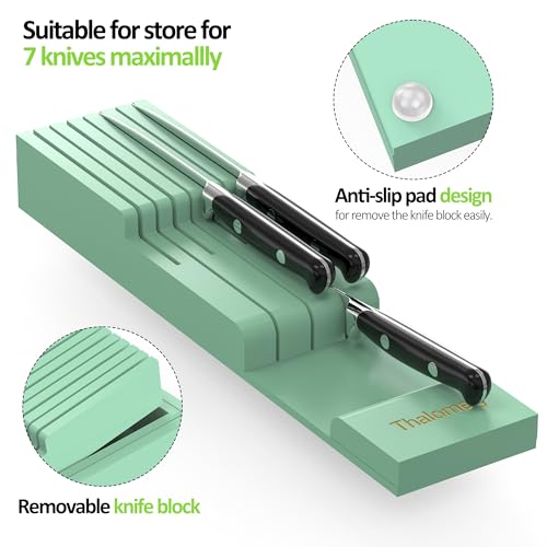 Bamboo Kitchen Drawer Organizer, Expandable Silverware Organizer with Removable Knife Block, 6-8 Slots- Utensil Holder & Cutlery Tray Drawer Dividers, 2.36" Deep for Extra Capacity, Cyan - color: Cyan