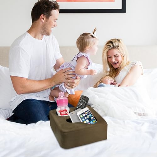Couch Cup Holder Pillow Tray & Caddy - for Sofa, Bed, Car, Man Cave | Keep Drinks at Hand & Spill-Proof Accessories for New Parents, Camping, Park, Boat, Beach - Brown - color: Dark Brown, size: 9.4" x 9.4" x 3.9"