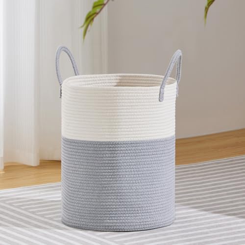 VIPOSCO Large Laundry Hamper, Tall Woven Rope Storage Basket for Blanket, Toys, Dirty Clothes in Living Room, Bathroom, Bedroom - 53L Grey & White - color: Grey, size: 53L