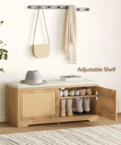 Rattan Shoe Storage Bench with Cushion, 39.4" Wide Entryway Bench with Adjustable Shelf, Hidden Shoe Organizer Cabinet, for Hallway, Living Room, Bedroom, Natural Oak