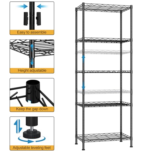 HOMEFORT 5-Shelving Unit, Adjustable Wire Shelving, Metal Wire Shelf Rack Organizer for Kitchen, Pantry, Closet, Bathroom, Laundry, Black,21" W x 11" D x 53" H - color: Black, size: 21"W x 11"D x 53"H