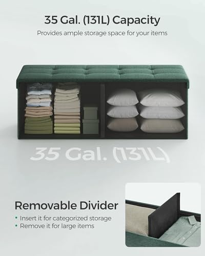 SONGMICS MAZIE Collection - 43 Inches Folding Storage Ottoman Bench, Ottoman Foot Rest, End of Bed Bench, Storage Chest, Load 660 lb, for Living Room, Bedroom, Entryway, Retro Green ULSF077C01 - color: Retro Green, size: 15"D x 43"W x 15"H