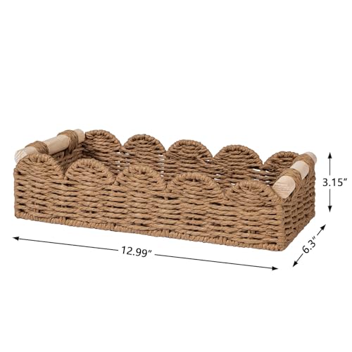 CubesLand Toilet Paper Storage Basket Organizer, Small Wicker Toilet Tank Top Decorative Baskets for Countertop, Handwoven Scalloped Basket w/handle for Home Decor, Living Room, Bedroom, Neutral - color: Neutral, size: S - 12.99"L x 6.3"W x 3.15"H