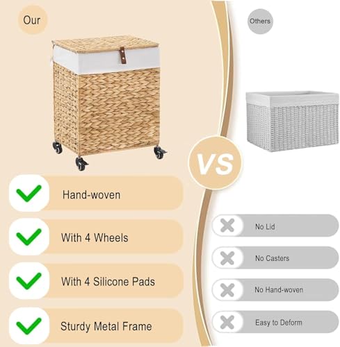 Rolling Laundry Hamper with Lid, Natural Water Hyacinth Basket with Removable Liner, Wheel or Non-Slip Installation Laundry Basket for Home Use (Natural, 65L) - color: Natural, size: 65L