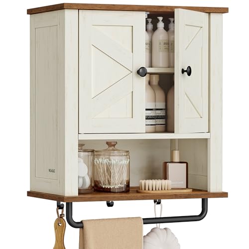 VASAGLE LIRY Collection - Bathroom Wall Cabinet, Farmhouse Wall-Mounted Medicine Storage Cabinet with 2 Barn Doors, Adjustable Shelf, Towel Bar, 7.9 x 18.1 x 24 Inches, Rustic White UBBK132W01S - size: 7.9"D x 18.1"W x 24"H