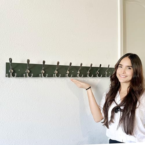 SKOLOO Creations Forest Green Solid Wood Wall Mounted Coat Rack, 10 Hooks, 38-1/8" Long - Kitchen, Mudroom, Entryway, Bathroom - Includes Mounting Hardware, Wall Coat Hanger, Towel Rack - color: Forest Green Plates & Nickel Hook, size: 1 Item-10 Hooks