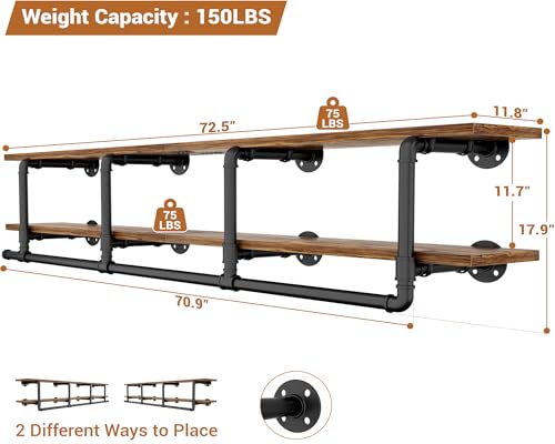 Aheaplus Industrial Pipe Clothes Rack with Top Shelf, 73In Space-Saving Wall Mounted Clothing Rack, 2 Tiers Heavy Duty Pipe Clothing Shelves with Hanging Rod for Laundry Room, Closet, Rustic Brown - color: Rustic Brown, size: 73IN