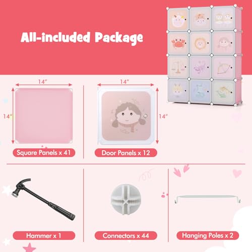 HONEY JOY Kids Wardrobe Closet, Baby Cartoon Clothes Storage Organizer, 12 Cubes & 2 Hanging Sections, Portable Children DIY Modular Bedroom Armoire Dresser Cabinet for Boys Girls (Light Pink) - color: Light Pink, size: 12-Cube