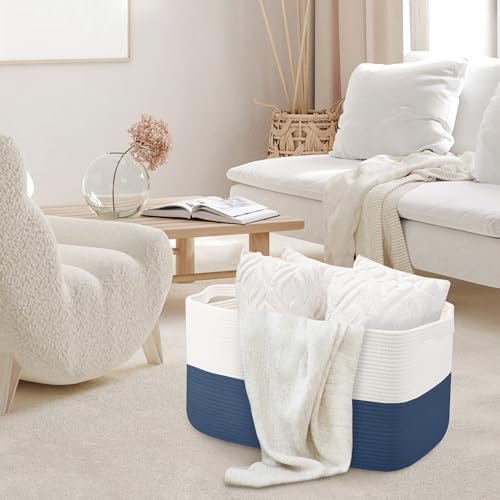 MEGASKET Extra Large Rope Basket, 22" x 17" x 12" Woven Stuffed Animals Storage Bin, Kids Dog Stuff Toy Box Organizer, Living Room Nursery Organization, Big Basket Container for Blankets Clothes - color: White & Dark Blue, size: 22"x17"x12"