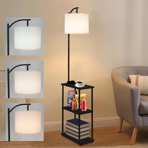 Qupui Floor Lamp with Table, Narrow Side Table with USB-A/USB-C Charging Station and AC Port, 3 Color Temperatures 12W LED Bulb, End Table for Bedroom, Living Room and Home Office, Black - color: Black
