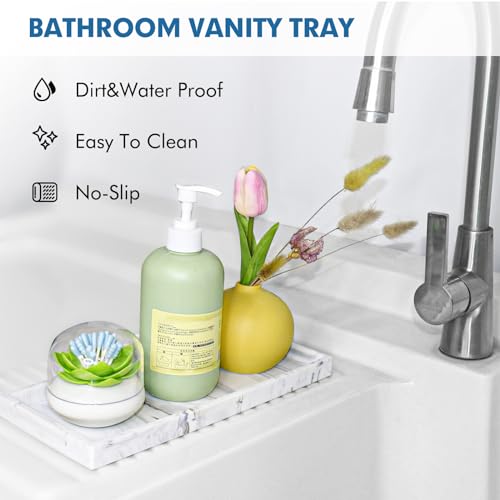 Bloss Small Bathroom Vanity Tray with Soap Dish, 8 x 4 inch Silicone Marble Tray for Kitchen Counter,Toilet Tank Storage,Perfume Trays for Dresser, Jewelry, Candle, Key - color: Marble White, size: 7.9" x 3.9" x 0.9"