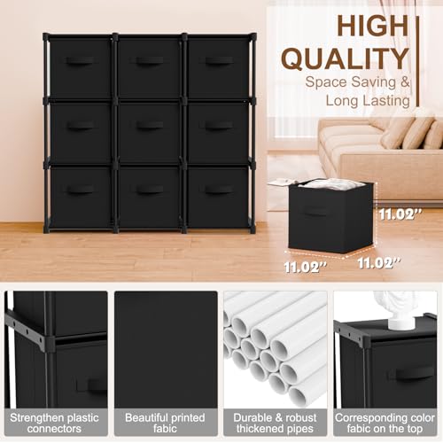 Briwooody 9 Cube Storage Organizer Bins with Shelf 11'' Toy Storage Box Back to School Dorm Organizers Fabric Unit for Playroom Book (Black) - color: Black