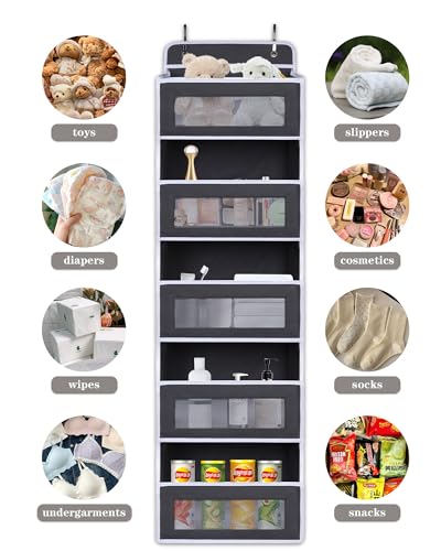 Over The Door Organizer 44LB Capacity with 5 Large Pockets & 10 Mesh Side Pockets, Clear Window Anti-Tilt Hanging Storage for Nursery, Bathroom, Pantry - Dark Grey, 1 Pack - color: Dark gray