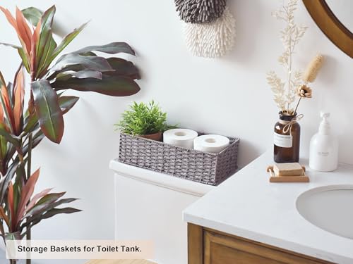 StorageWorks Round Paper Rope Toilet Tank Topper Basket, Wicker Basket for Bathroom, Gray, 2-Pack - color: Gray, size: 15 ¾"L x 6 ½"W x 4 ¼"H