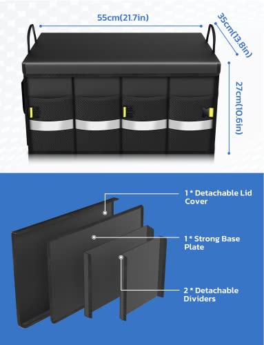 Oasser Car Trunk Organizer, 3 Compartments Collapsible Waterproof Car Organizer Storage with Foldable Cover, Reflective Strip, Non-Slip Bottom, 4 Mesh Pockets for SUV/Truck/Sedan/Camping/Road Trip - color: Black, size: Standard
